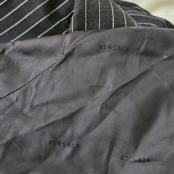 Versace Blazer Men 48R Dark Blue Classic Pinstripe Bamboo Single-Breasted Jacket